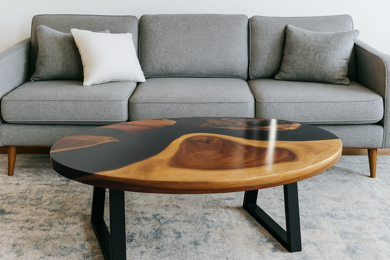 Masuta cafea Nuc si Black Epoxy plasata intr-un living modern, pe un covor, evidențiind contrastul culorilor.