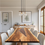 Blat de masă din lemn de nuc cu rășină epoxidică, efect de râu, finisaj mat