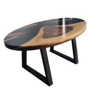 Masuta cafea ovala, lemn masiv Nuc cu rasina epoxidica neagra, picioare metalice negre Trapez, design River Table, 100x60 cm.