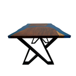 Masă de dining din lemn de nuc și rășină epoxidică, design modern, picioare metalice negre