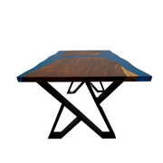 Masă de dining din lemn de nuc și rășină epoxidică, design modern, picioare metalice negre