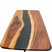 Masa Tibru din lemn masiv de nuc si rasina epoxidica neagra, 220x100x4,4 cm,