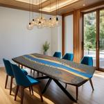 Amazon, masa dining din lemn masiv de nuc cu insertie de rasina epoxidica albastru tip fagure