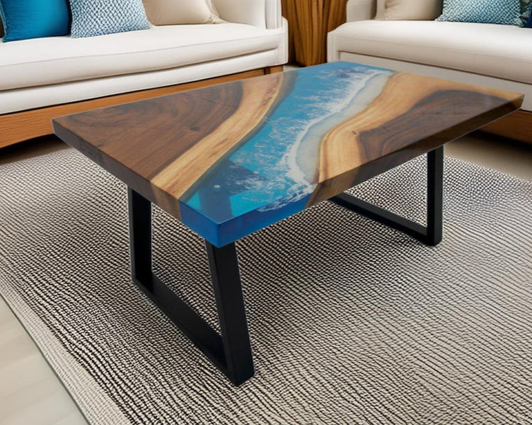 Masă de cafea din lemn masiv de nuc cu rășină epoxy, design modern, perfectă pentru sufragerie sau birou