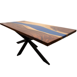 Masa Perscara, din lemn masiv de nuc cu insertie de rasina epoxidica albastru metalizat