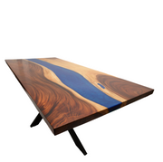 Masa sufragerie, Pescara, lemn masiv nuc si rasina epoxidica albastra 200x90x4.4 cm 