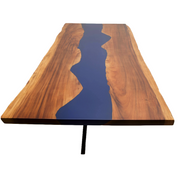 Masa sufragerie Rio Grande , lemn masiv nuc si rasina epoxidica albastra , finisaj satinat