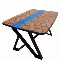Sava, masa dining din lemn masiv de nuc cu rasina epoxidica albatru azur. 130x90x3.9 cm