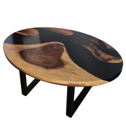 Blat masuta de cafea 100x60 cm, vedere de sus, evidențiind forma ovala lemnul si rasina