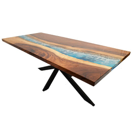 Masa dining din lemn masiv de nuc si rasina epoxi cu efect de mare plaja valuri 