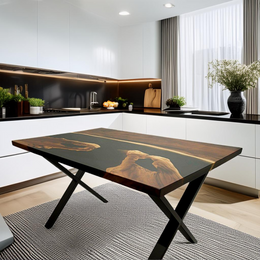 Volturno,masa bucatarie lemn masiv nuc si rasina epoxidica neagra 4 persoane