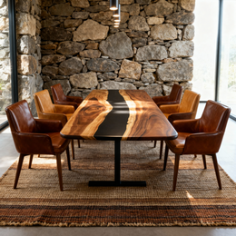 Masa  din lemn masiv de nuc si rasina epoxidica neagra, 220x100x4,4 cm, Tibru