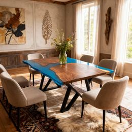 Masa lemn masiv si rasina epoxidica albastru 130x90x3,9 Gibraltar