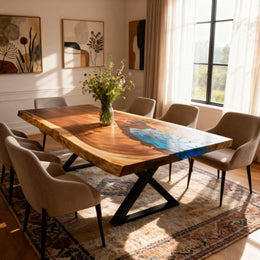 Masa de Sufragerie din lemn masiv & epoxy albastru Yukon, Live edge 200 x 93/88/83 x 5,7 cm