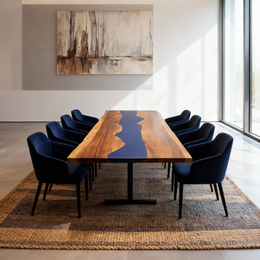 Masa lemn masiv nuc si rasina epoxidica albastra , 240x(110,107,105)x5,2 cm, Rio Grande